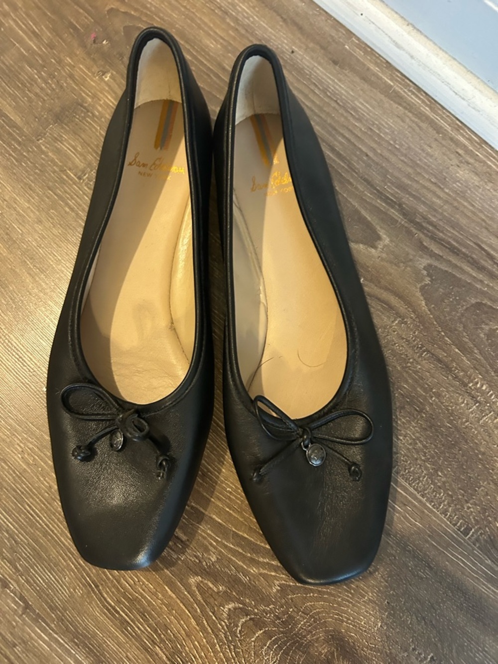 Sam Edelman Black Leather Square-Toe Ballet Flats with Bow